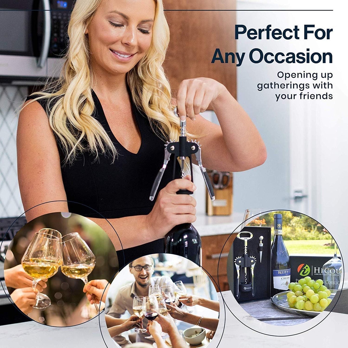 Premium Flügelkorkenzieher und Flaschenöffner – 2-in-1 Weinöffner mit integriertem Flaschenöffner und Weinverschluss – Schwarz