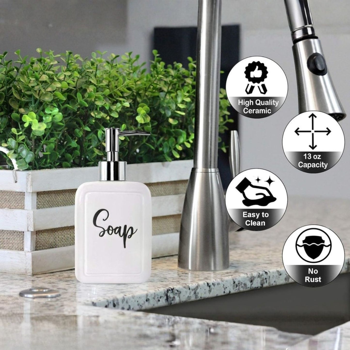 Keramik-Seifenspender 380ml – Küchen- und Badezimmer-Spender, 2 Stück Edelstahl-Pumpköpfe