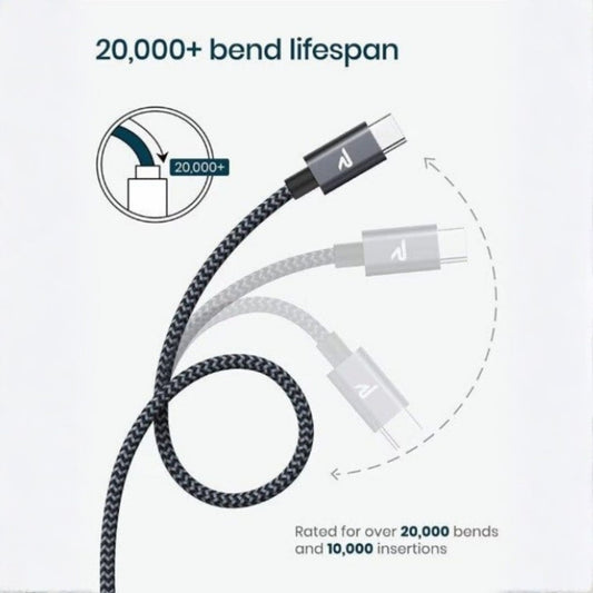 Rampow USB-C оплетен кабел за данни 2 м, сив - бързо зареждане и пренос на данни