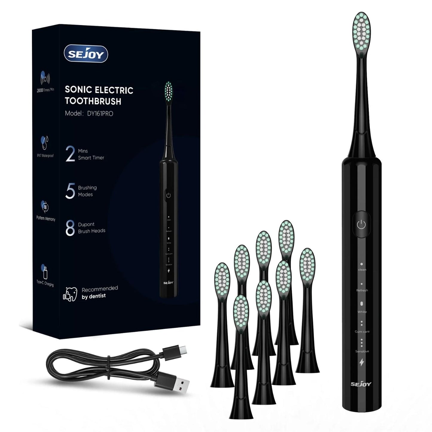 Sejoy DY161PRO Szonikus Elektromos Fogkefe – 5 Tisztítási Móddal, USB-C Töltéssel
