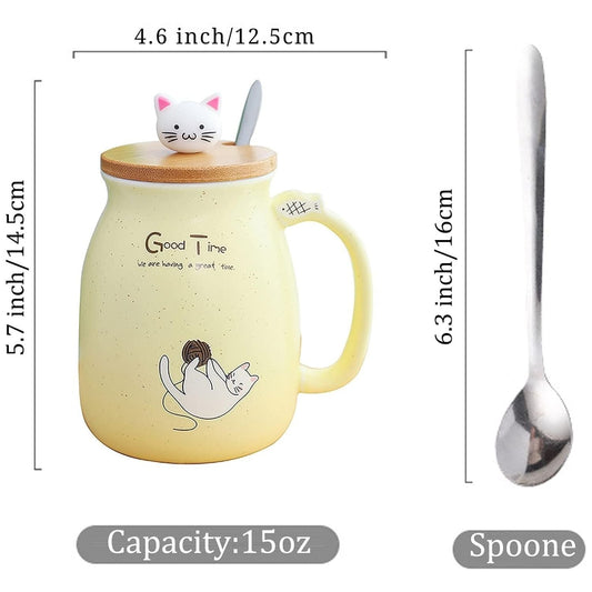 Ceramiczny kubek z kotem z pokrywką i łyżeczką – 450 ml, do kawy i herbaty
