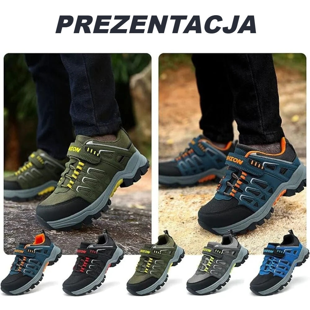 Buty trekkingowe Ashion w kilku kolorach na nogach dzieci, na zewnątrz
