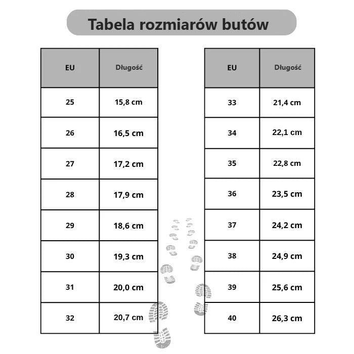 Tabela rozmiarów dziecięcych butów zimowych: rozmiar EU i długość wkładki