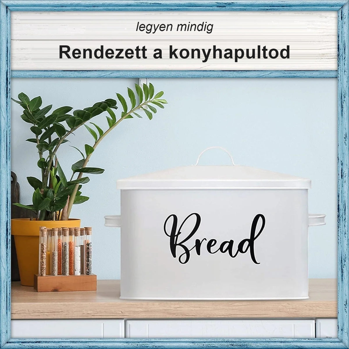 Fehér kenyértartó rendezett konyhapulton