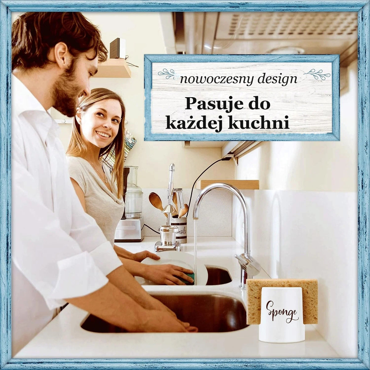 Para w nowoczesnej kuchni z ceramicznym uchwytem na gąbkę