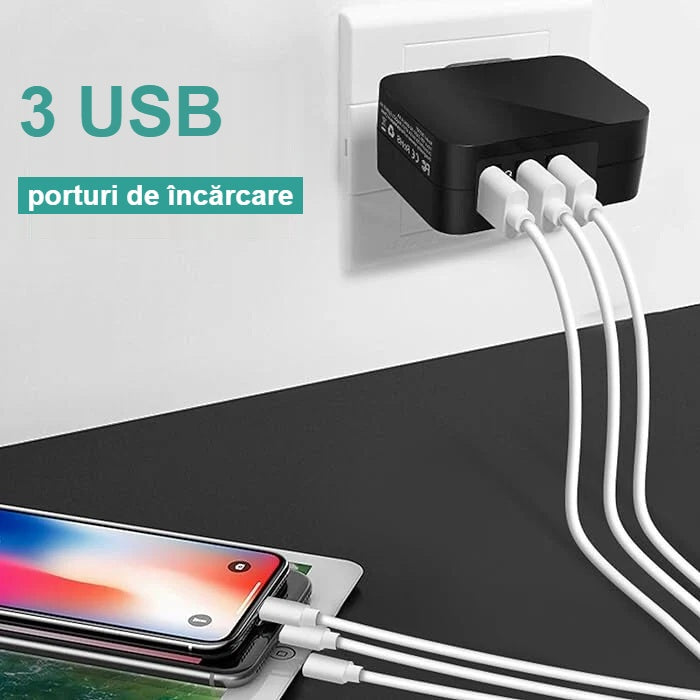 Trei telefoane încărcate simultan de la încărcătorul USB cu 3 porturi