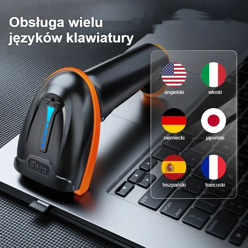 Obsługiwane języki klawiatury z flagami obok czytnika kodów kreskowych