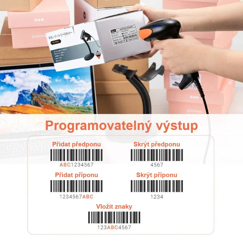 Načítání čárového kódu na krabici s příklady programovatelného výstupu