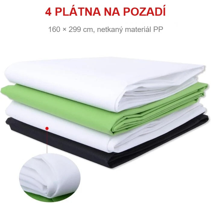 4 plátna na pozadí z fotostudio setu: bílé, zelené a černé, 1,6 × 3 m