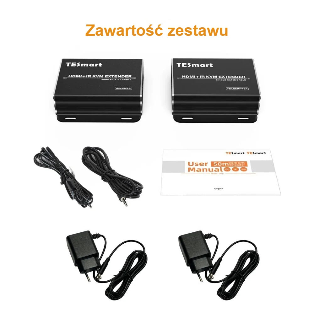 Zawartość zestawu extendera HDMI KVM: nadajnik, odbiornik, kable IR, 2 zasilacze, instrukcja