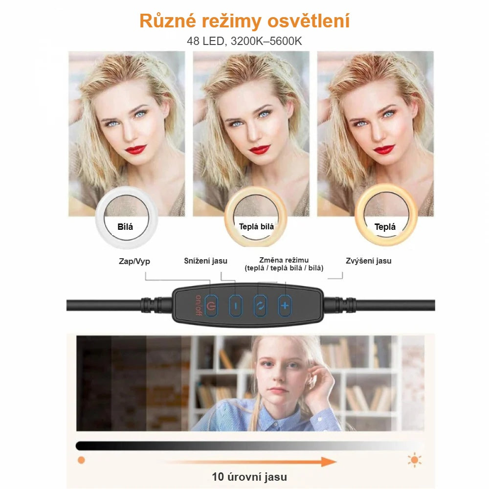 Režimy kruhového světla na obličeji a ovladač na kabelu