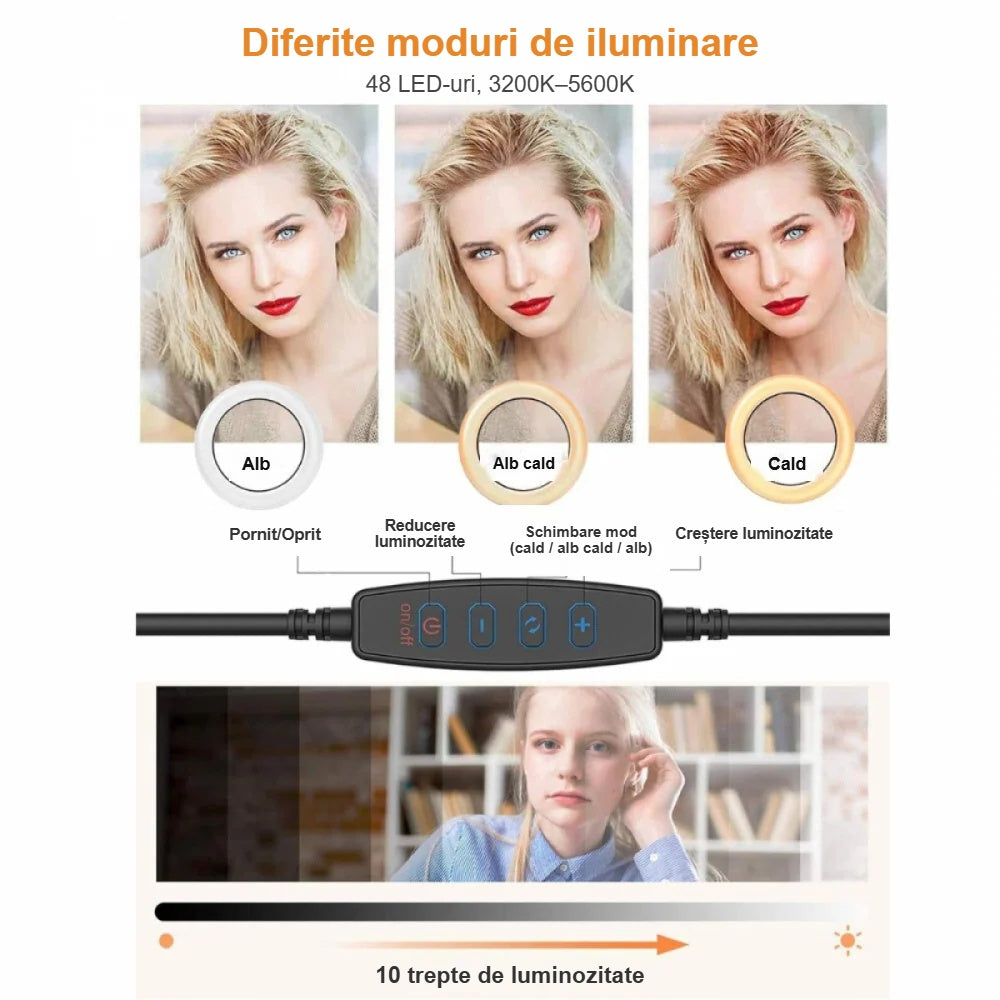 Modurile de lumină ale lămpii inelare pe față și telecomanda de pe cablu