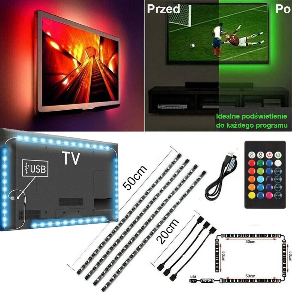 Podświetlenie TV przed i po; taśma LED 4 × 50 cm z łącznikami 20 cm