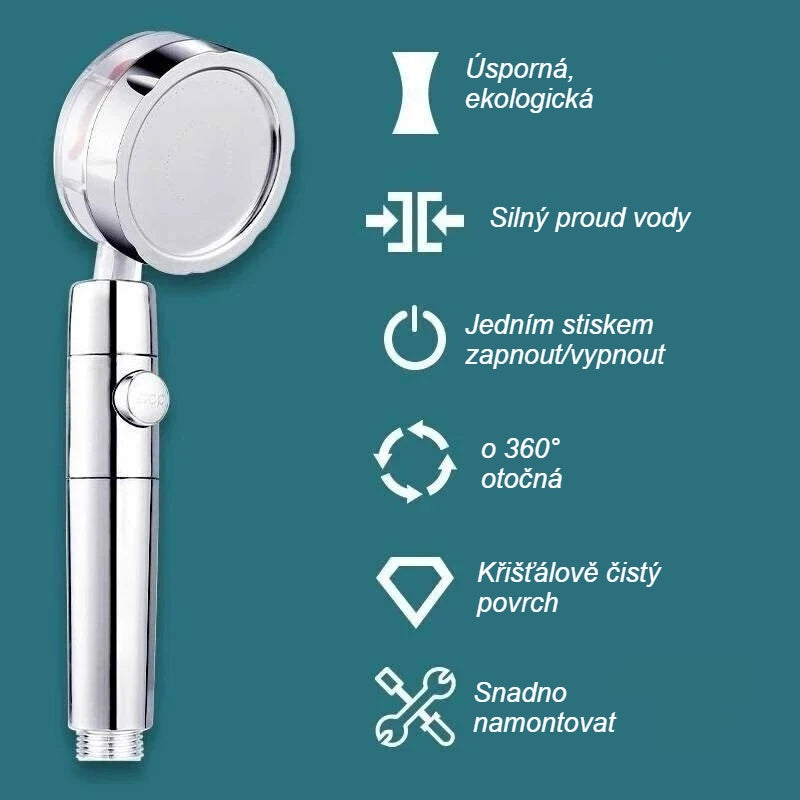 Funkce chromované sprchové hlavice v ikonách: otočná hlavice, nastavitelný proud