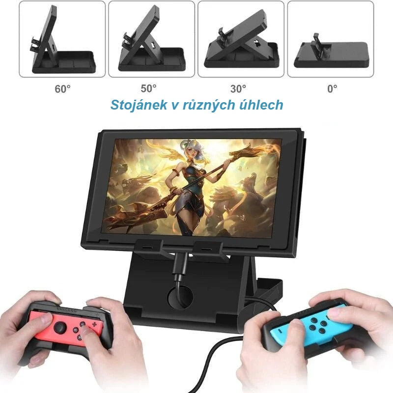 Stojánek na Nintendo Switch ve čtyřech úhlech sklonu při hraní