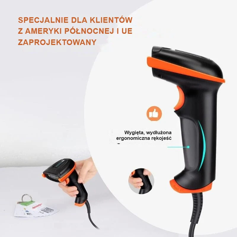Wygięta, wydłużona ergonomiczna rękojeść czytnika kodów kreskowych