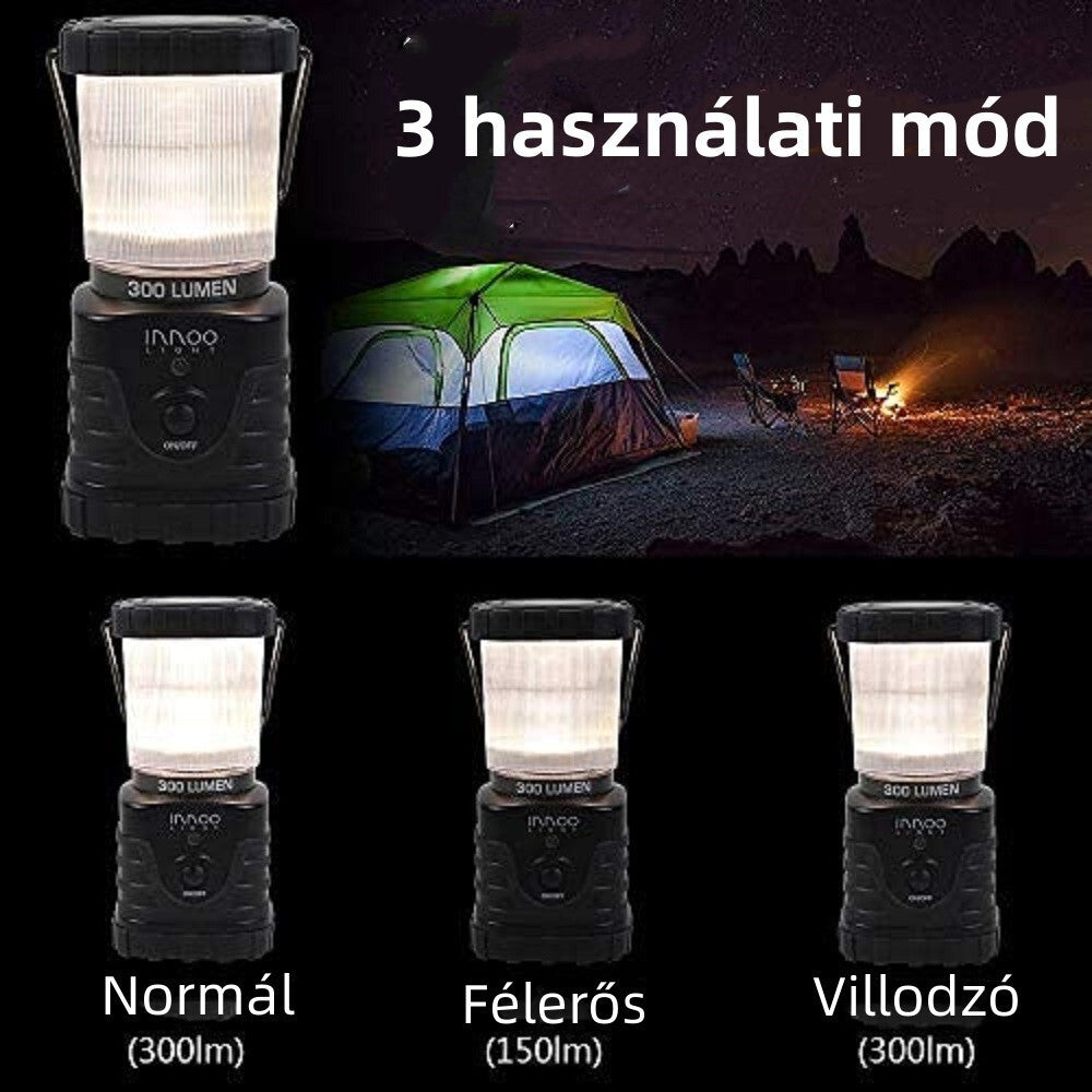 Kempinglámpa 3 fénymódja: normál, félerős és villódzó