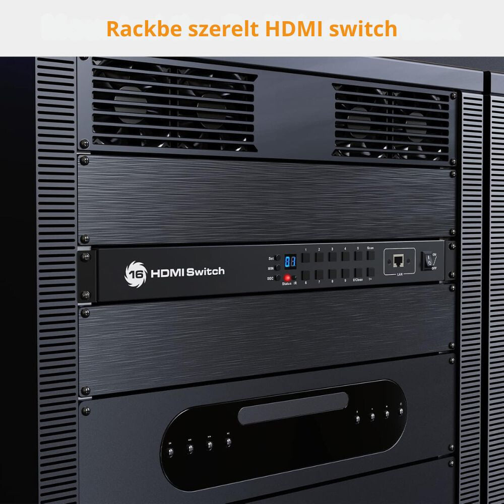 Rackbe szerelt 16 portos HDMI switch szekrényben