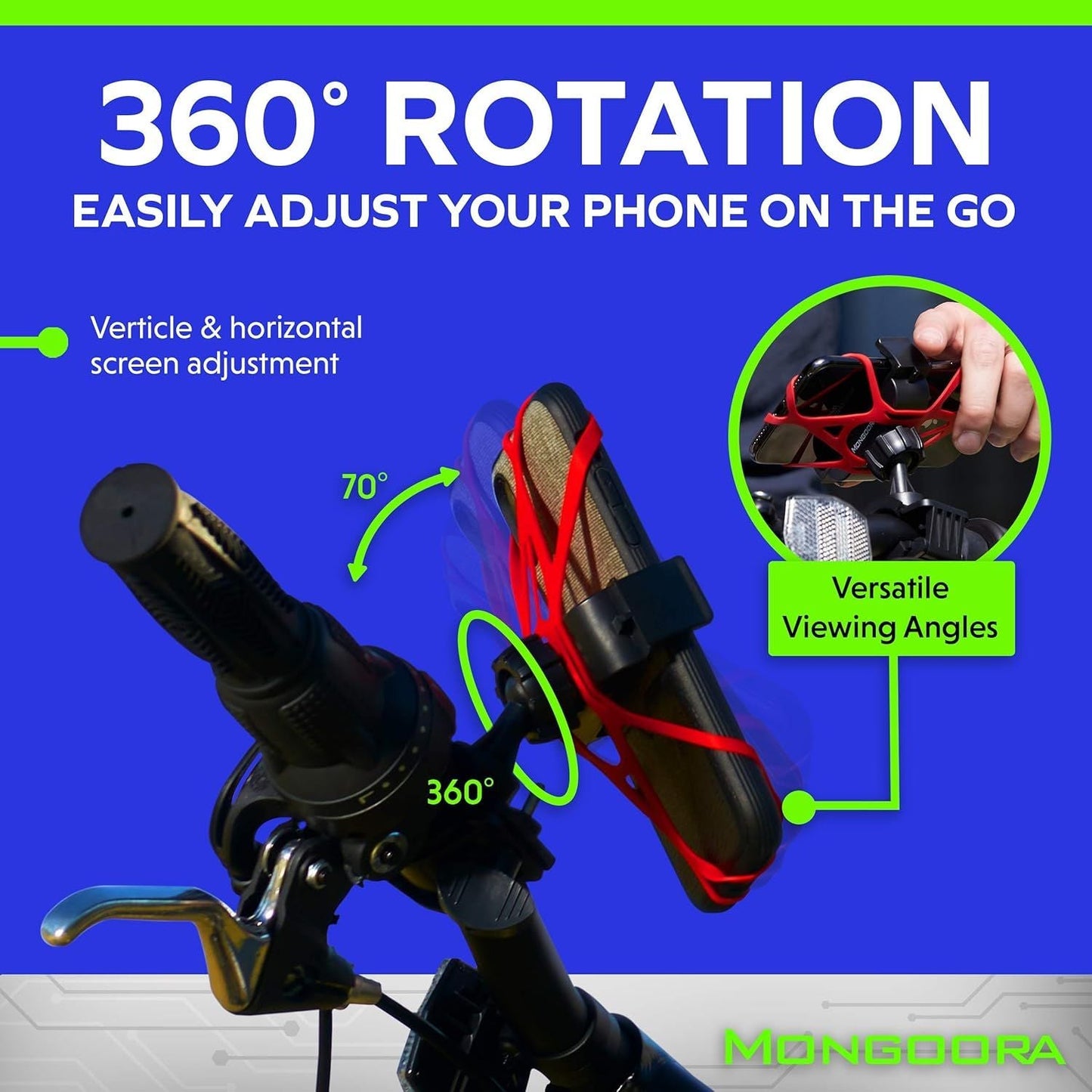 Mongoora Universelle Fahrrad-Handyhalterung – 360° Drehung und extra sicherem Silikonnetz