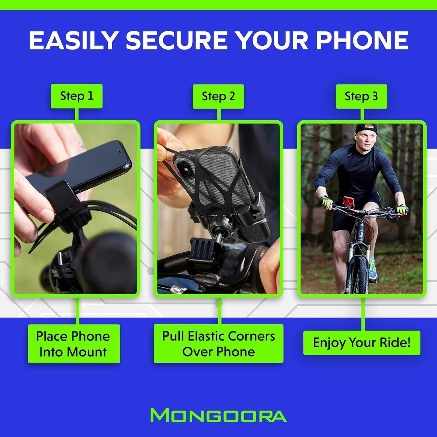 Mongoora Universelle Fahrrad-Handyhalterung – 360° Drehung und extra sicherem Silikonnetz