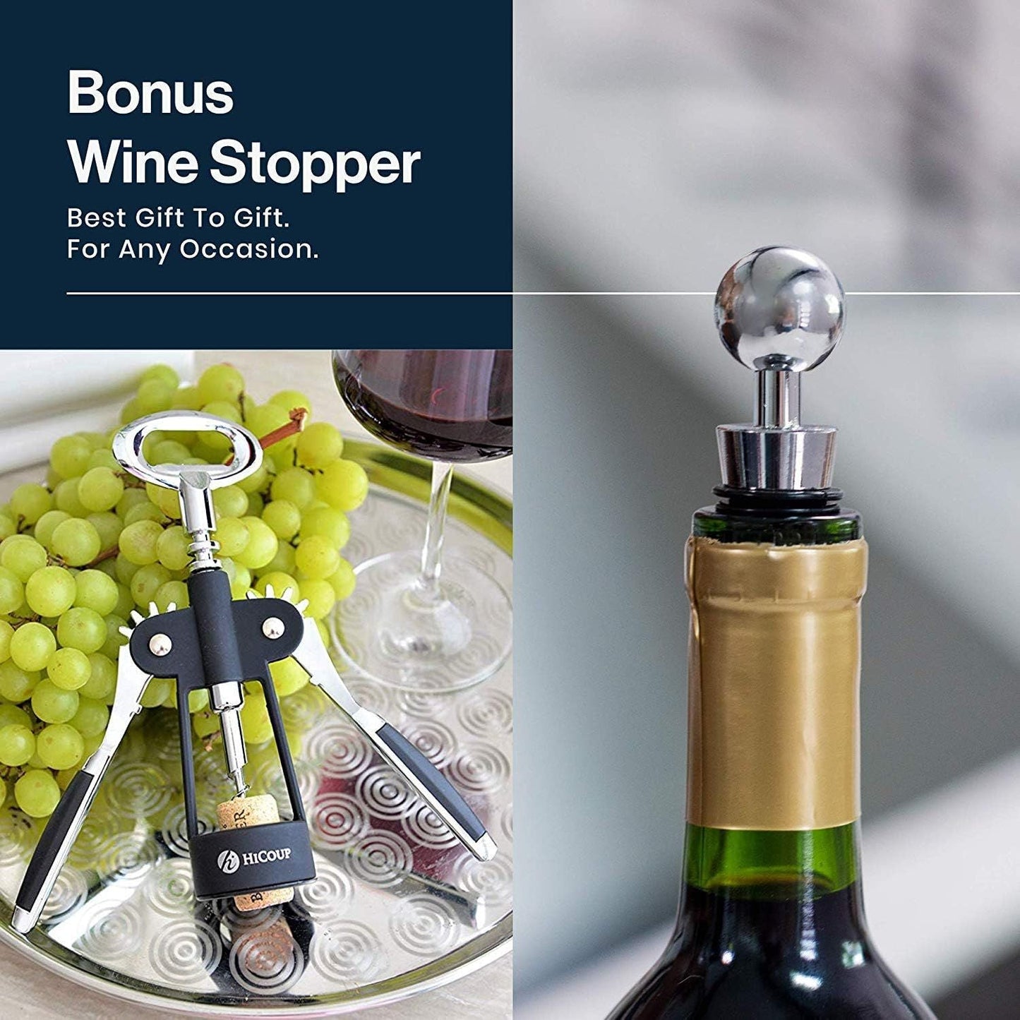 Premium Flügelkorkenzieher und Flaschenöffner – 2-in-1 Weinöffner mit integriertem Flaschenöffner und Weinverschluss – Schwarz