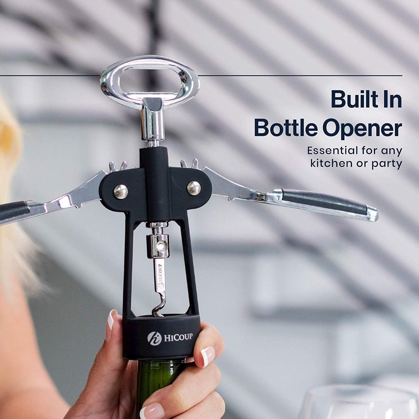 Premium Flügelkorkenzieher und Flaschenöffner – 2-in-1 Weinöffner mit integriertem Flaschenöffner und Weinverschluss – Schwarz