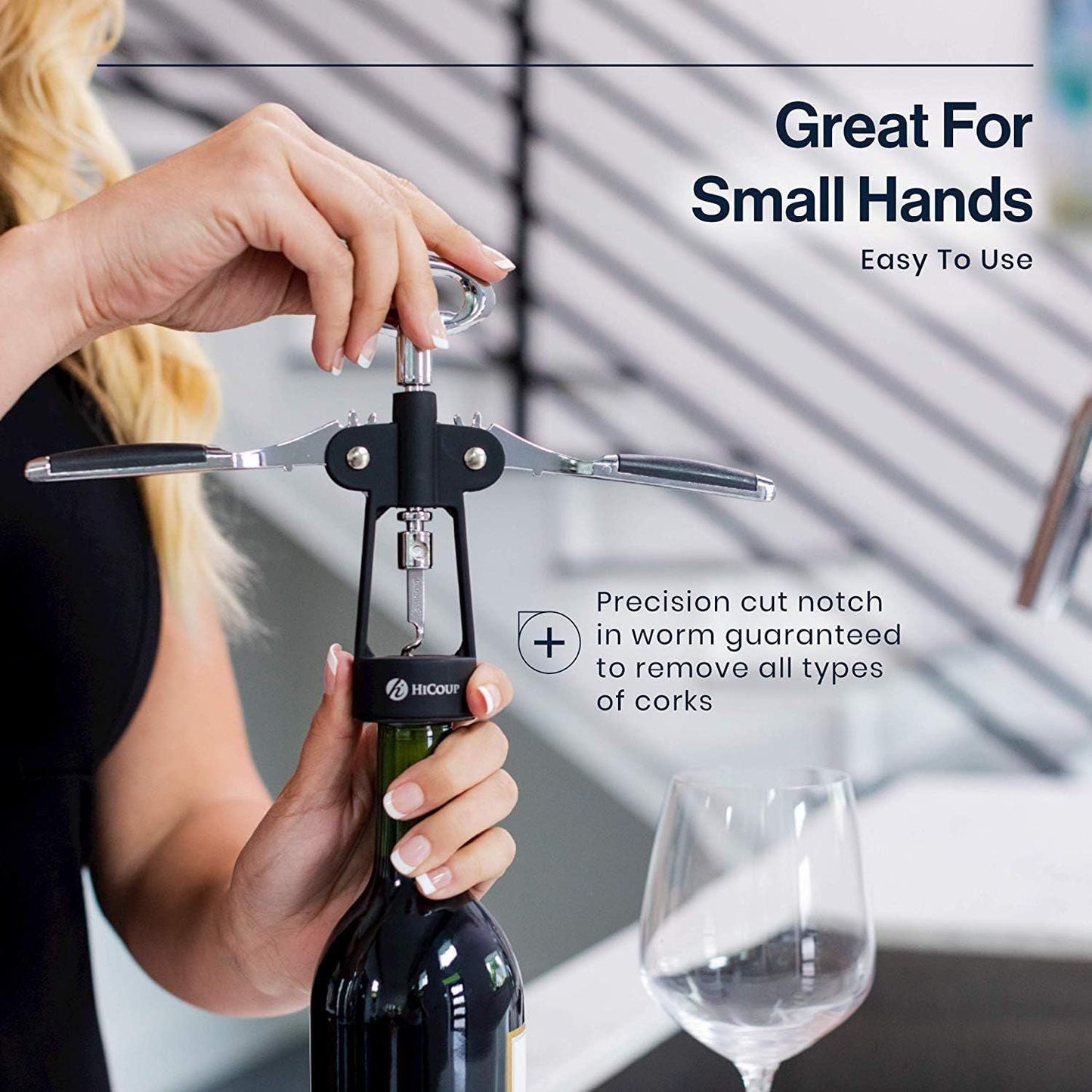 Premium Flügelkorkenzieher und Flaschenöffner – 2-in-1 Weinöffner mit integriertem Flaschenöffner und Weinverschluss – Schwarz