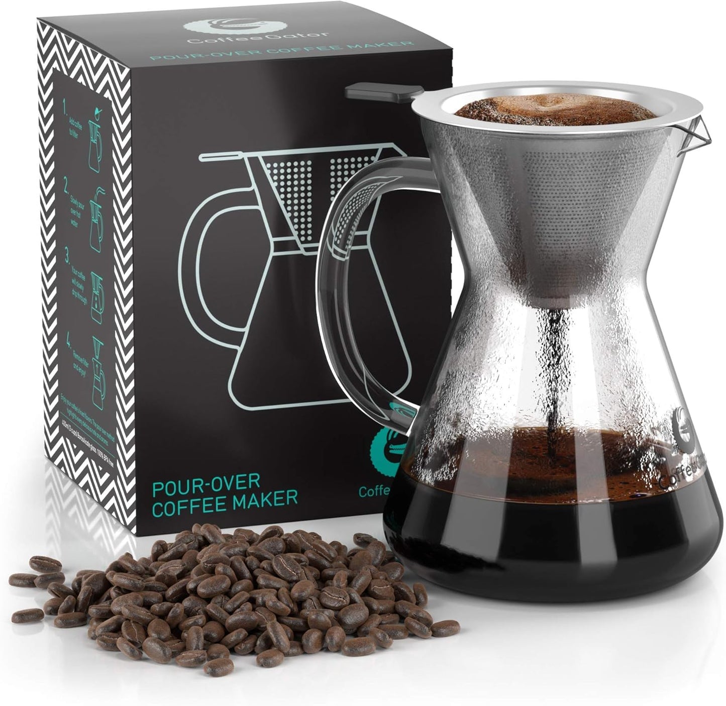 Pour-Over Kaffeebereiter 800ml – Glaskanne mit Metallfilter, Handfilter-Kaffeemaschine