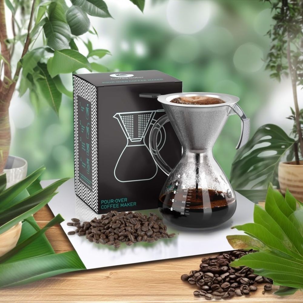 Pour-Over Kaffeebereiter 800ml – Glaskanne mit Metallfilter, Handfilter-Kaffeemaschine
