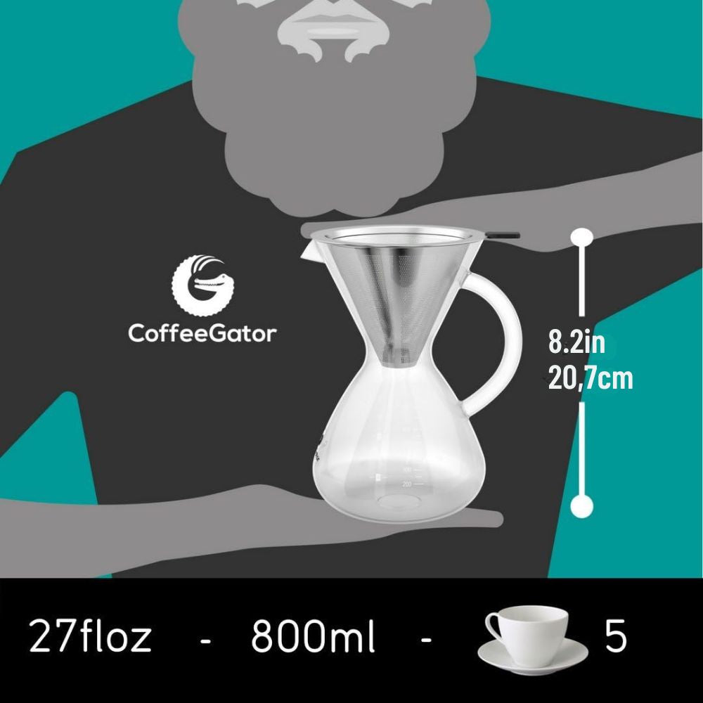 Pour-Over Kaffeebereiter 800ml – Glaskanne mit Metallfilter, Handfilter-Kaffeemaschine