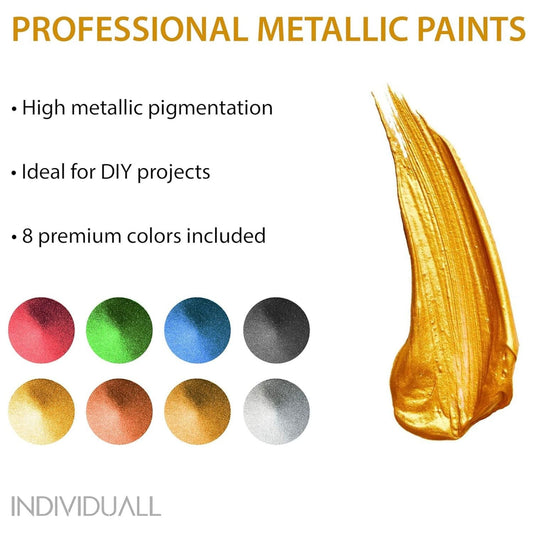 Zestaw Metalicznych Farb Akrylowych (8x20 ml) – Farby o Metalicznym Efekcie na Drewno, Metal, Szkło i Płótno