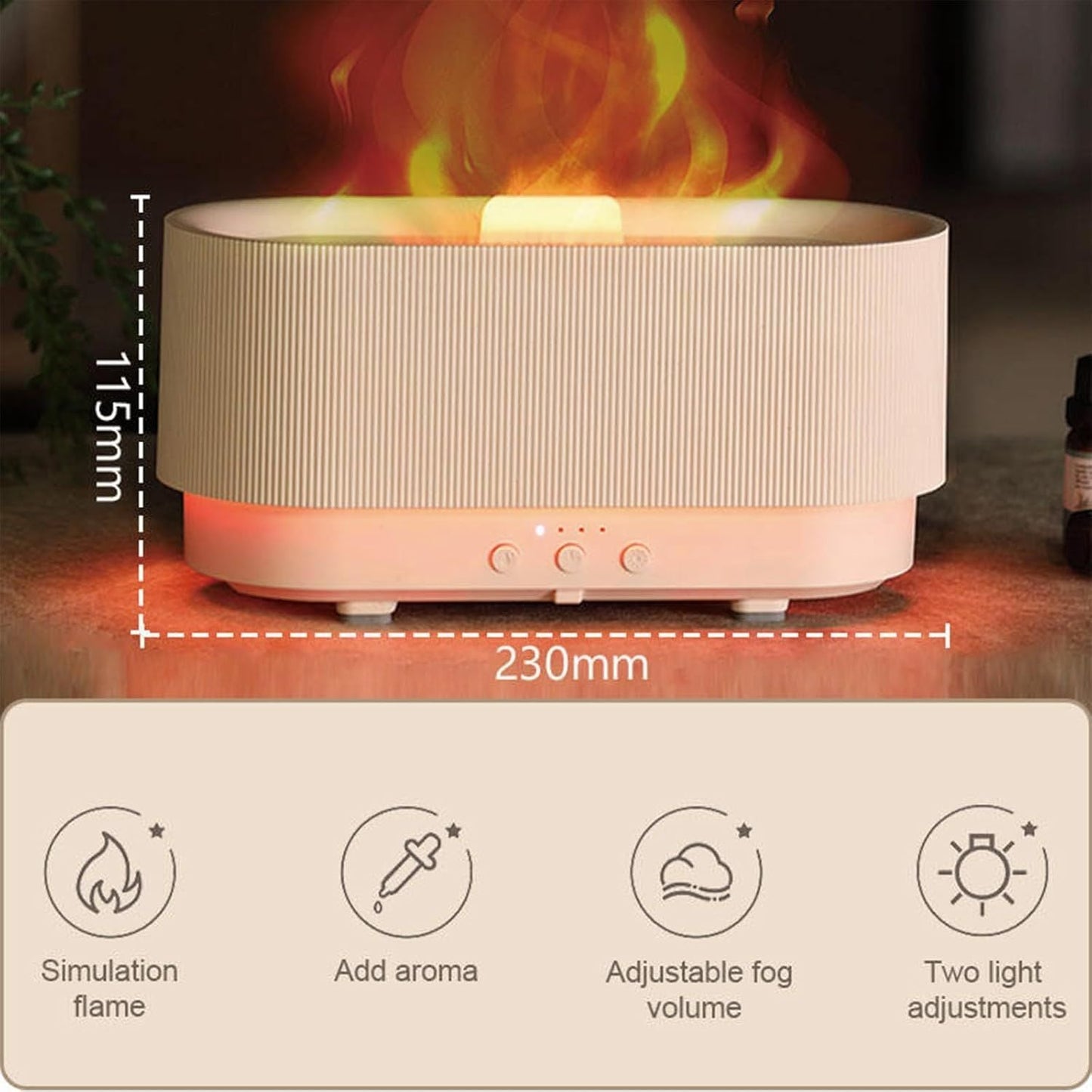 3D Lánghatású Aromaterápiás Diffúzor és Ultrahangos Párásító – LED Hangulatfénnyel, USB-C Tápkábellel, 300 ml