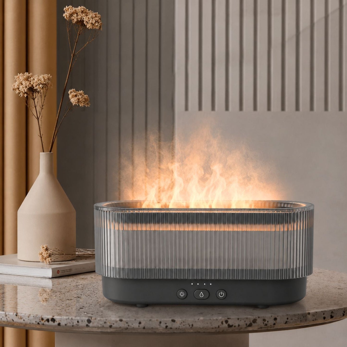 3D Lánghatású Aromaterápiás Diffúzor és Ultrahangos Párásító – LED Hangulatfénnyel, USB-C Tápkábellel, 300 ml