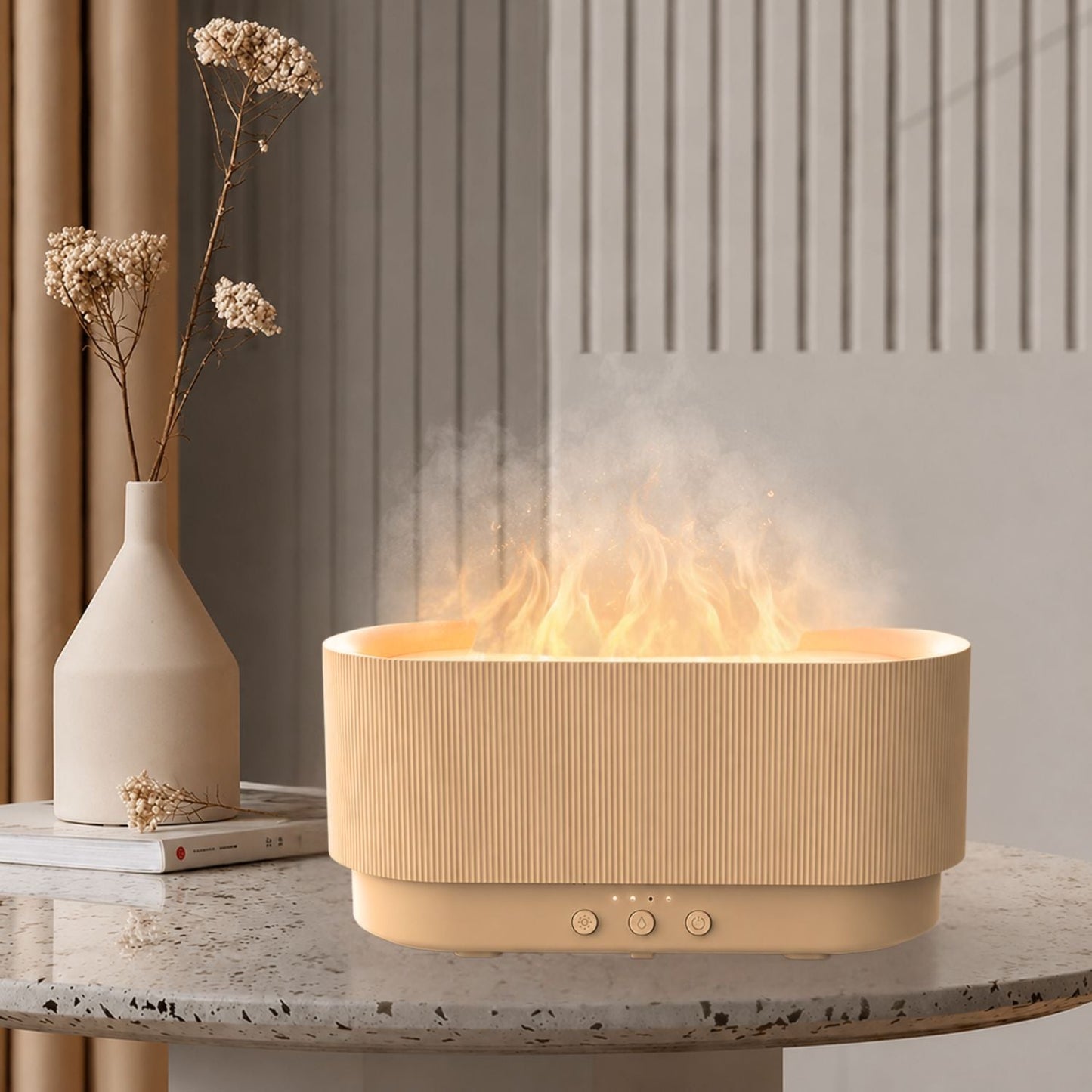 3D Lánghatású Aromaterápiás Diffúzor és Ultrahangos Párásító – LED Hangulatfénnyel, USB-C Tápkábellel, 300 ml