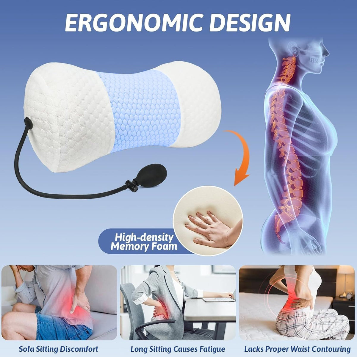 Pernă lombară ergonomică ce urmează curbura coloanei, cu diagramă