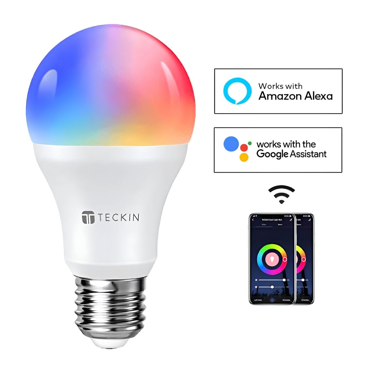 Wi-Fi RGB chytrá žárovka s logy Amazon Alexa a Google Assistant, s telefonem