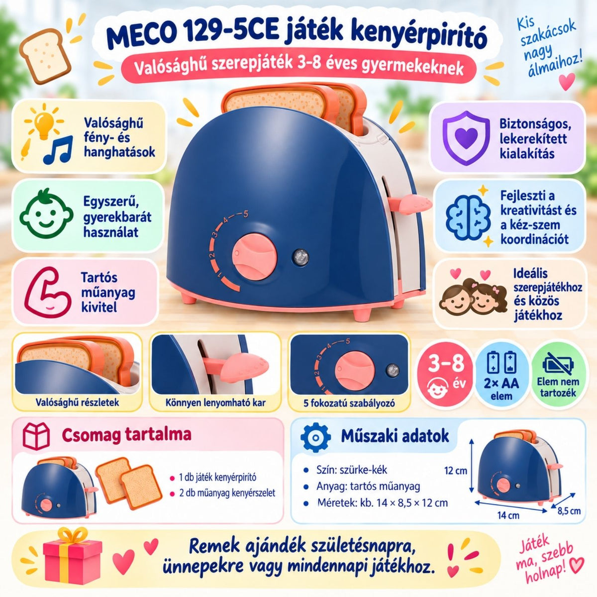 MECO 129-5CE játék kenyérpirító jellemzői magyar nyelvű ábrán
