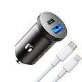 Fekete kétportos autós töltő USB-C és USB-A csatlakozóval, fehér USB-C–Lightning kábellel