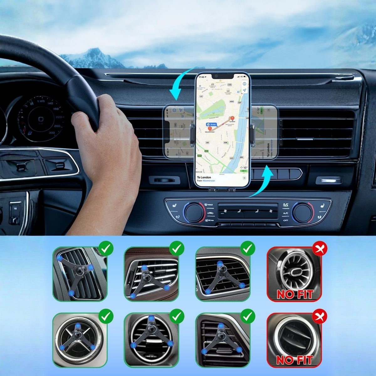 Navigáló telefon a szellőzőre rögzített autós töltő tartóban vezetés közben