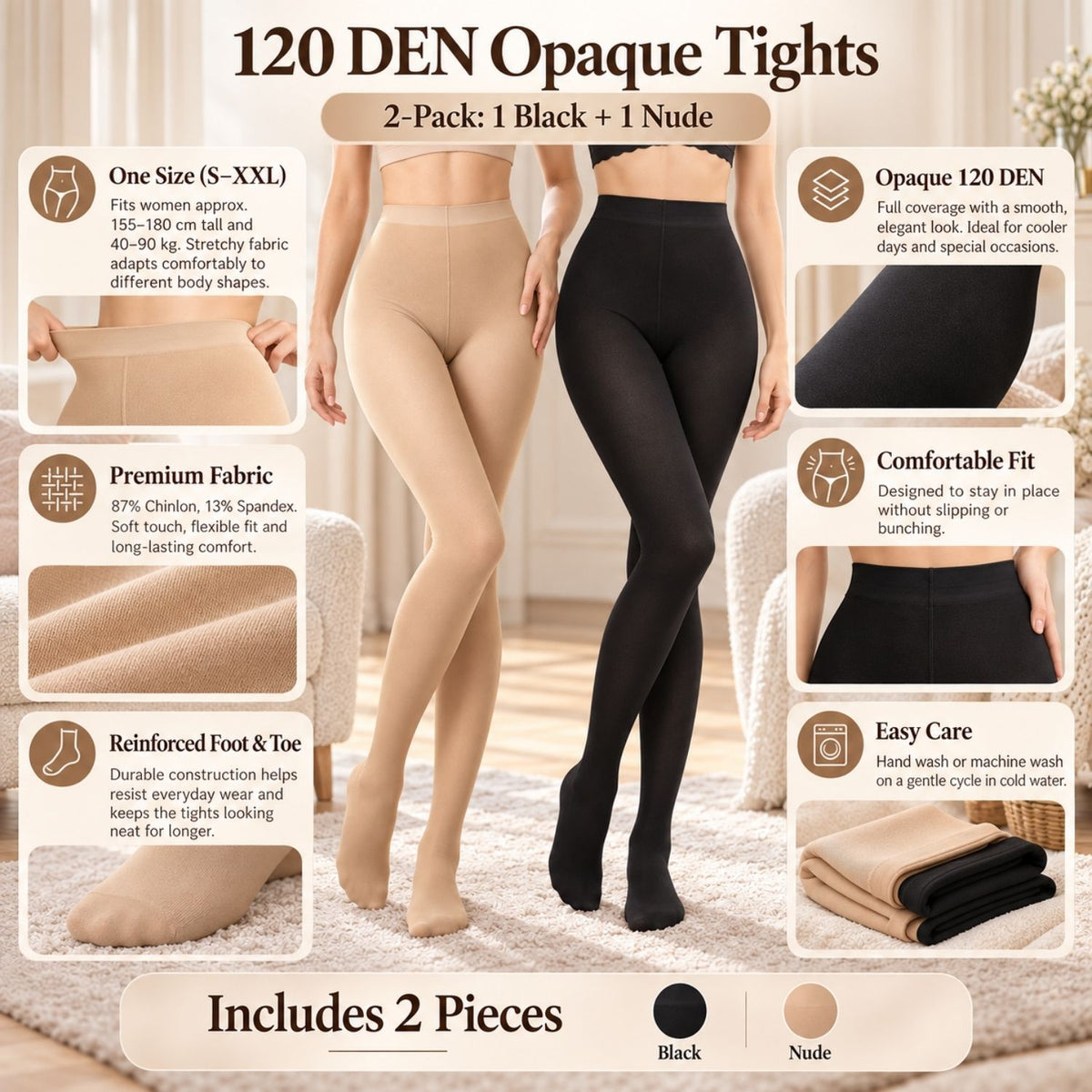 Dresuri opace de 120 DEN, 2 buc. negru și culoarea pielii, cu caracteristici