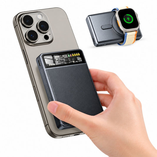 Magnetická powerbanka Kpon KH70 pripojená na zadnej strane iPhonu, na boku Apple Watch