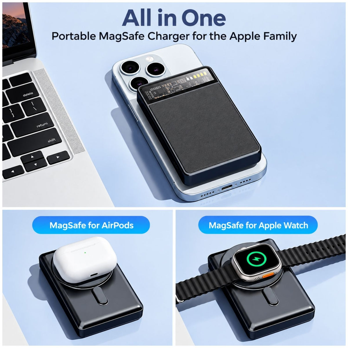 Mágneses power bank 3 az 1-ben: iPhone, AirPods és Apple Watch töltése