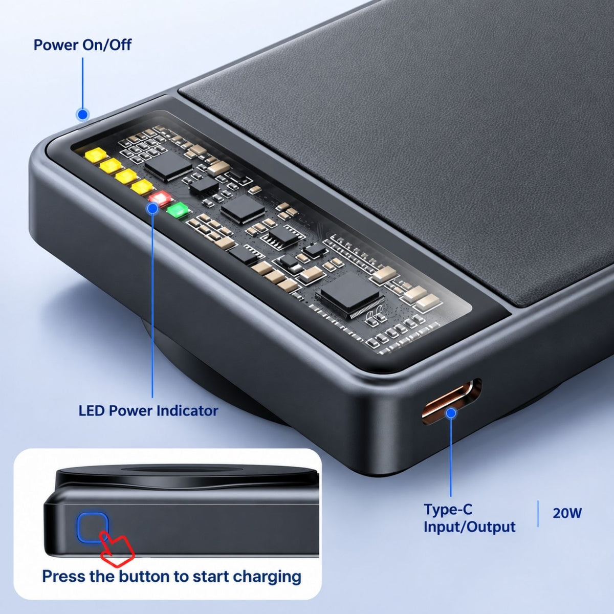 Mágneses power bank bekapcsológombja, LED-es töltöttségjelzője és USB-C csatlakozója