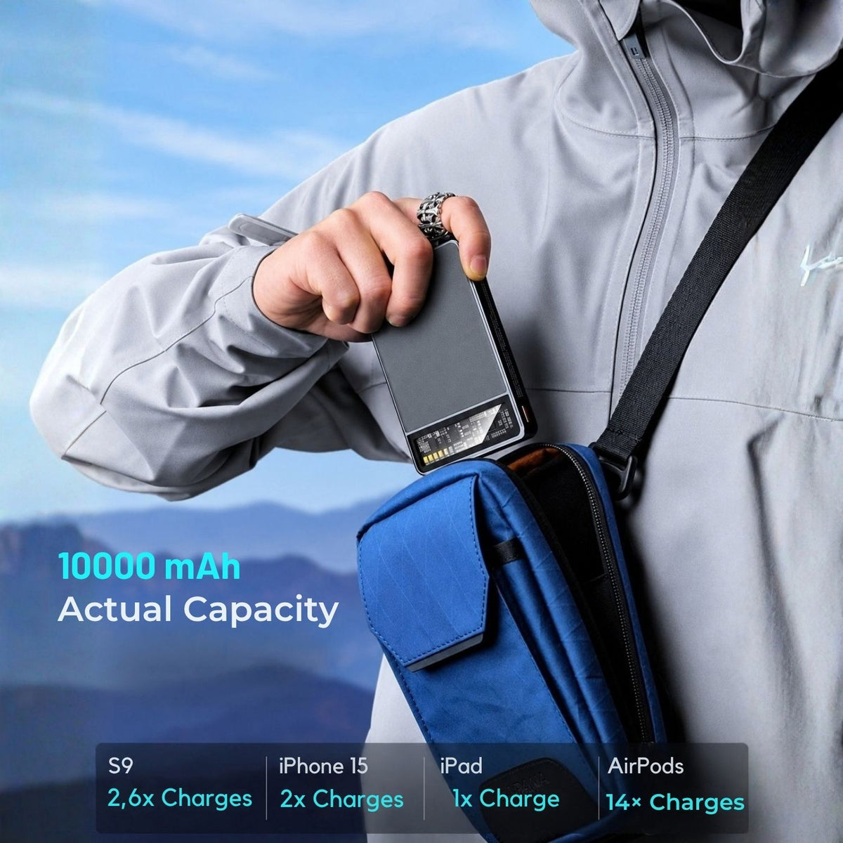 Mágneses power bank túrázás közben a telefonhoz csatlakoztatva, 10 000 mAh kapacitás