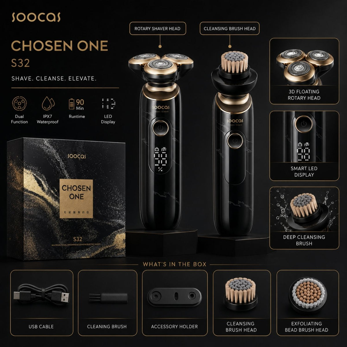 Soocas S32 Negru Aparat Electric de Tuns Bărbierit cu Accesorii pentru Curățarea Pielii