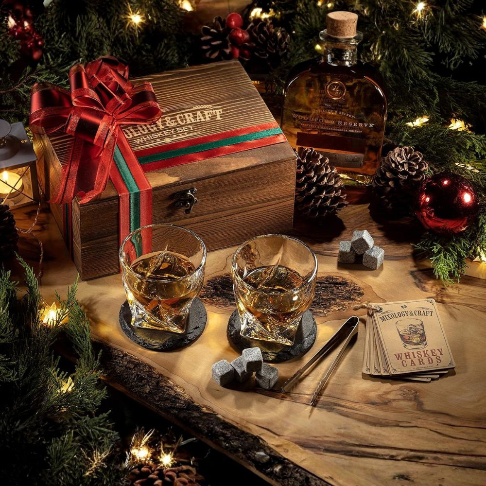 Prémiová Whisky Sada 15-dielna - S Kryštálovými Pohármi, Whisky Kameňmi a Barovými Doplnkami