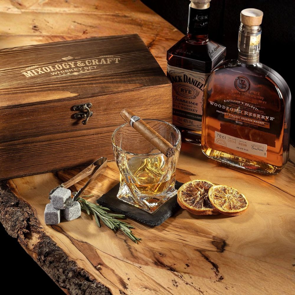 Prémiová Whisky Sada 15-dielna - S Kryštálovými Pohármi, Whisky Kameňmi a Barovými Doplnkami