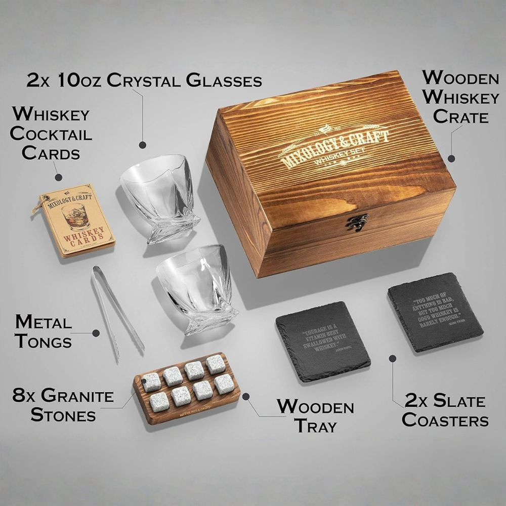 Prémiová Whisky Sada 15-dielna - S Kryštálovými Pohármi, Whisky Kameňmi a Barovými Doplnkami