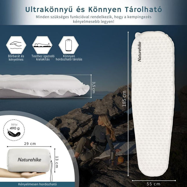 Naturehike Könnyen Felfújható Kempingmatrac – 3,5 cm Vastag, Ultrakönnyű (490 g), Múmia Forma, Világosszürke