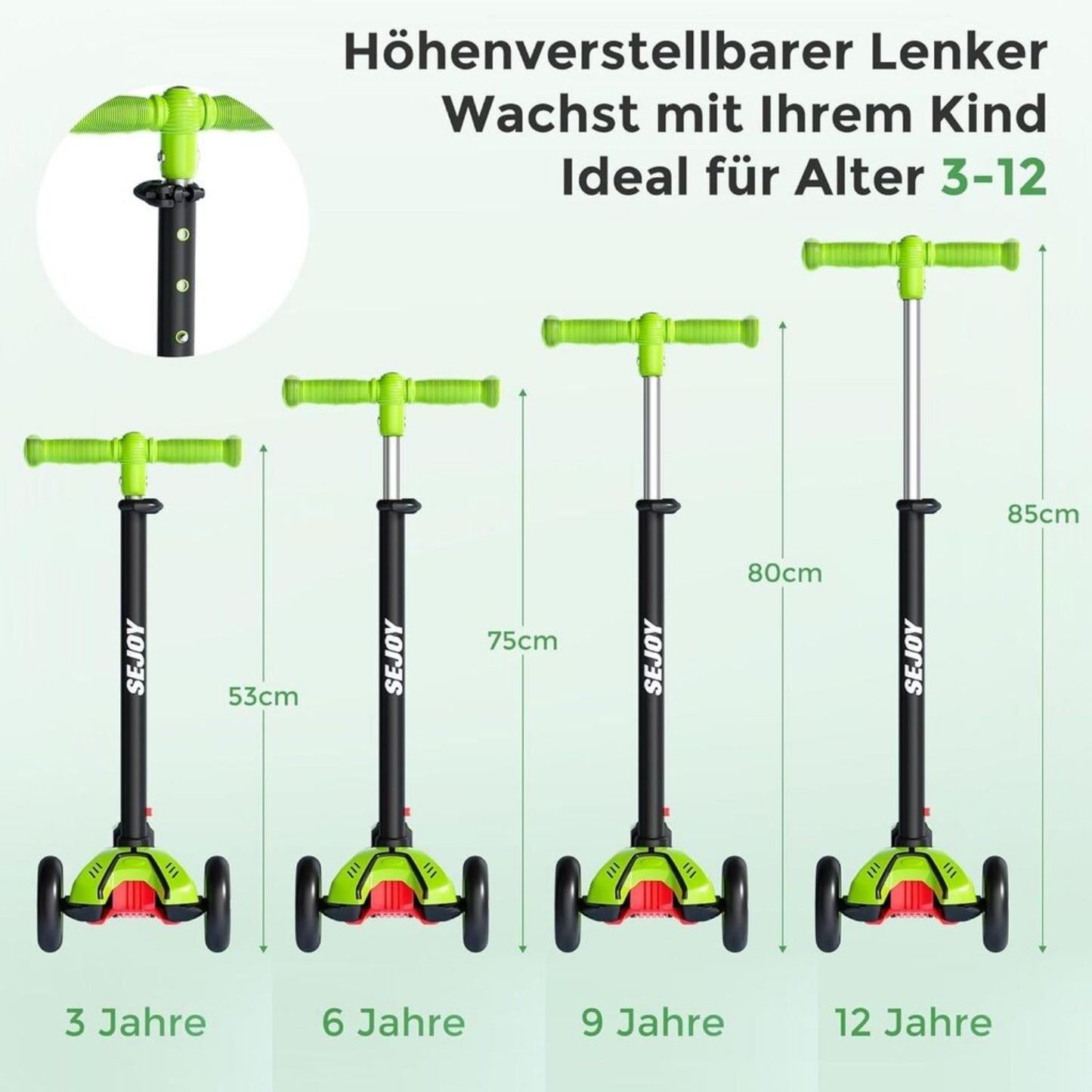 SEJOY 3 Kerekű Gyermek Roller – Állítható Kormánnyal, Hátsó Lábfékkel